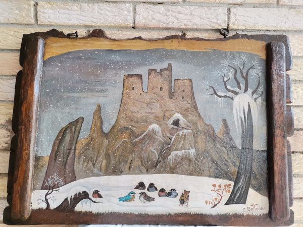 Pannello con uccellini e borgo di Rocca Calascio