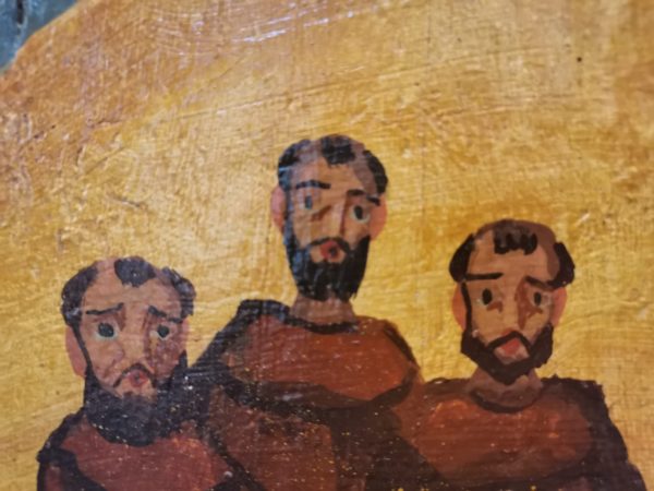 Pannello scaglia di legno antico con tre Fratini