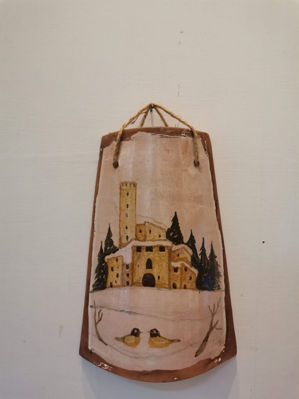Tegolino di ceramica con Borgo Medievale e Uccellini nella neve