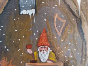 Pannello Gnometto seduto accanto al fuoco con bicchiere di vino