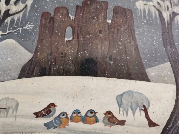 Pannello Uccellini nella neve con sfondo ispirato a Rocca Calascio